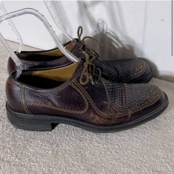 Vintage Brown Woven Leather Upper Lace Up Derby Shoes 12 - Picture 2 of 14
